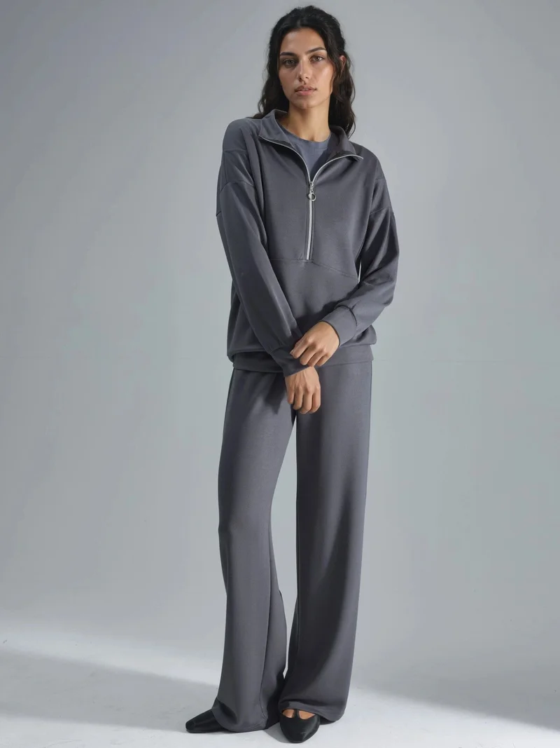 HICCUP Modal Touch Two-Piece Wide Leg Set with Zipper Collar Bersan Collection